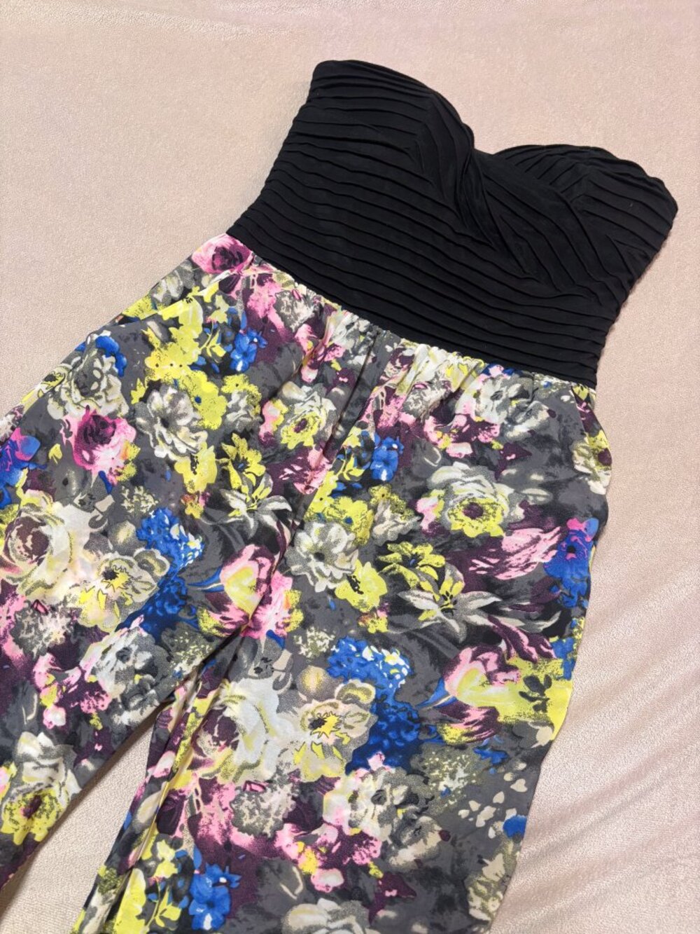 Black Floral Print Breast Padded Tube with 2 Pockets Jumpsuit, Casting LA Size L